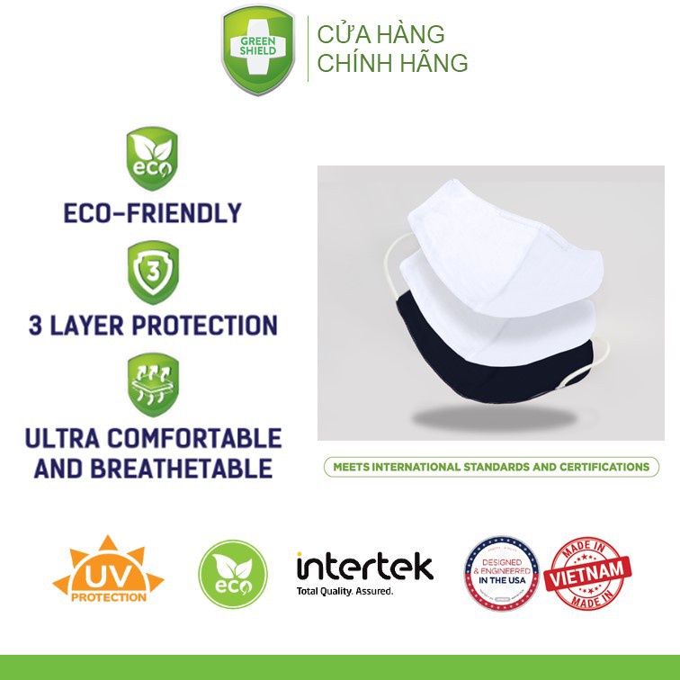 Khẩu Trang Green Shield-Vải Sợi Tre 3 Lớp Kháng Khuẩn-đạt tiêu chuẩn xuất USA-Size Trẻ Em và Người Lớn