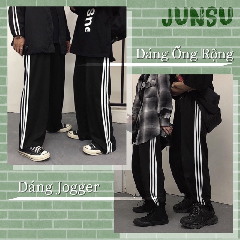 Quần thể thao nam nữ 3 sọc Basic Unisex ống rộng dáng suông Jogger vải nỉ co giãn dây rút Thời Trang JUNSU