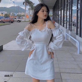 Đầm Dự Tiệc Trắng Cột Dây Trễ Vai
