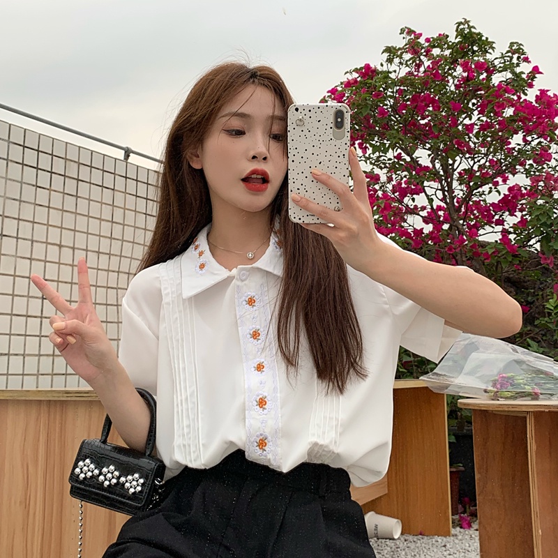 Áo Sơ Mi Ngắn Tay Thêu Hoa Thời Trang Hàn Quốc Cho Nữ