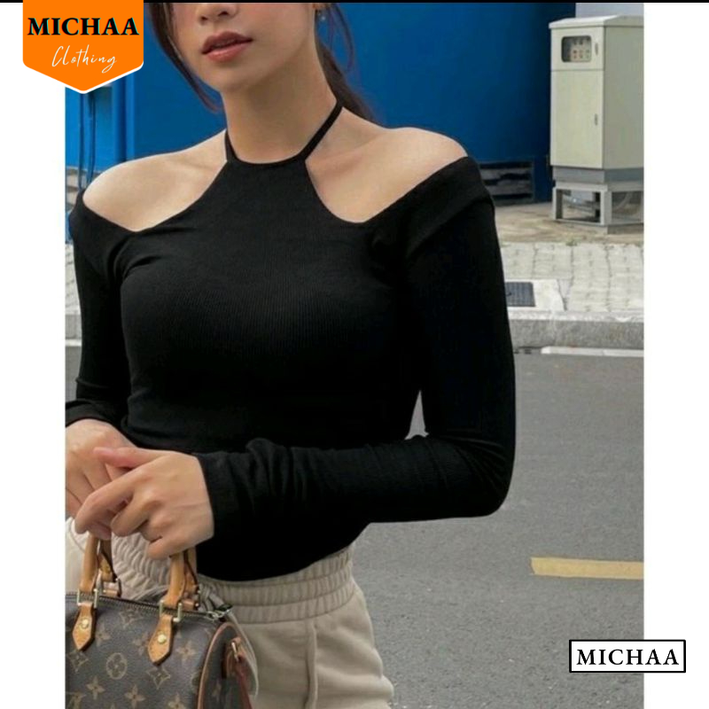 Áo Thun Nữ Tay Dài VẠT BẦU CỔ YẾM Buộc Cổ Đẹp Ôm Body, Áo Thun Croptop Kiểu Sexy Chất Gân Thời Trang MICHAA ADD08