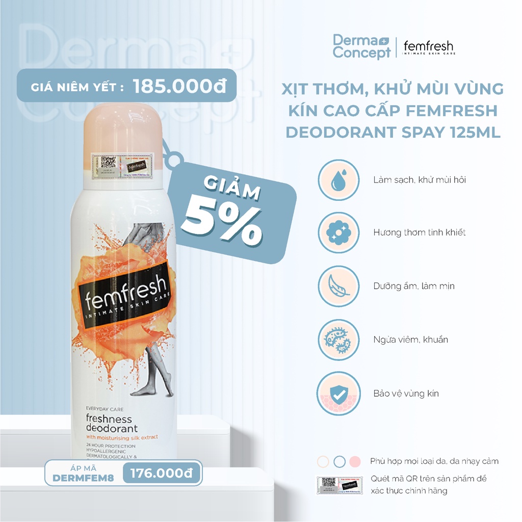 Xịt thơm, khử mùi vùng kín cao cấp Femfresh Deodorant Spay 125ml [NHẬP KHẨU CHÍNH HÃNG 100%]