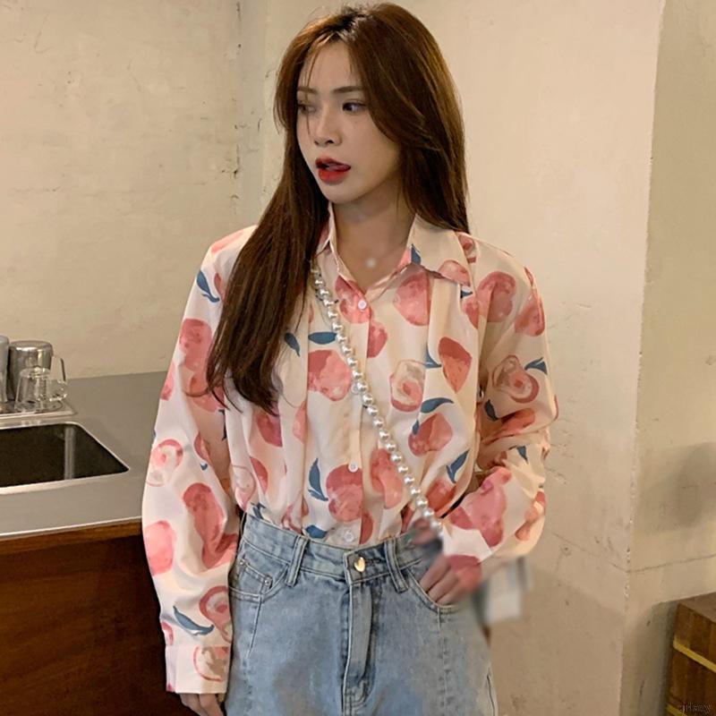 Áo Sơ Mi Tay Dài Dáng Rộng In Hình Quả Đào Kiểu Hàn Quốc Dễ Thương Cho Nữ