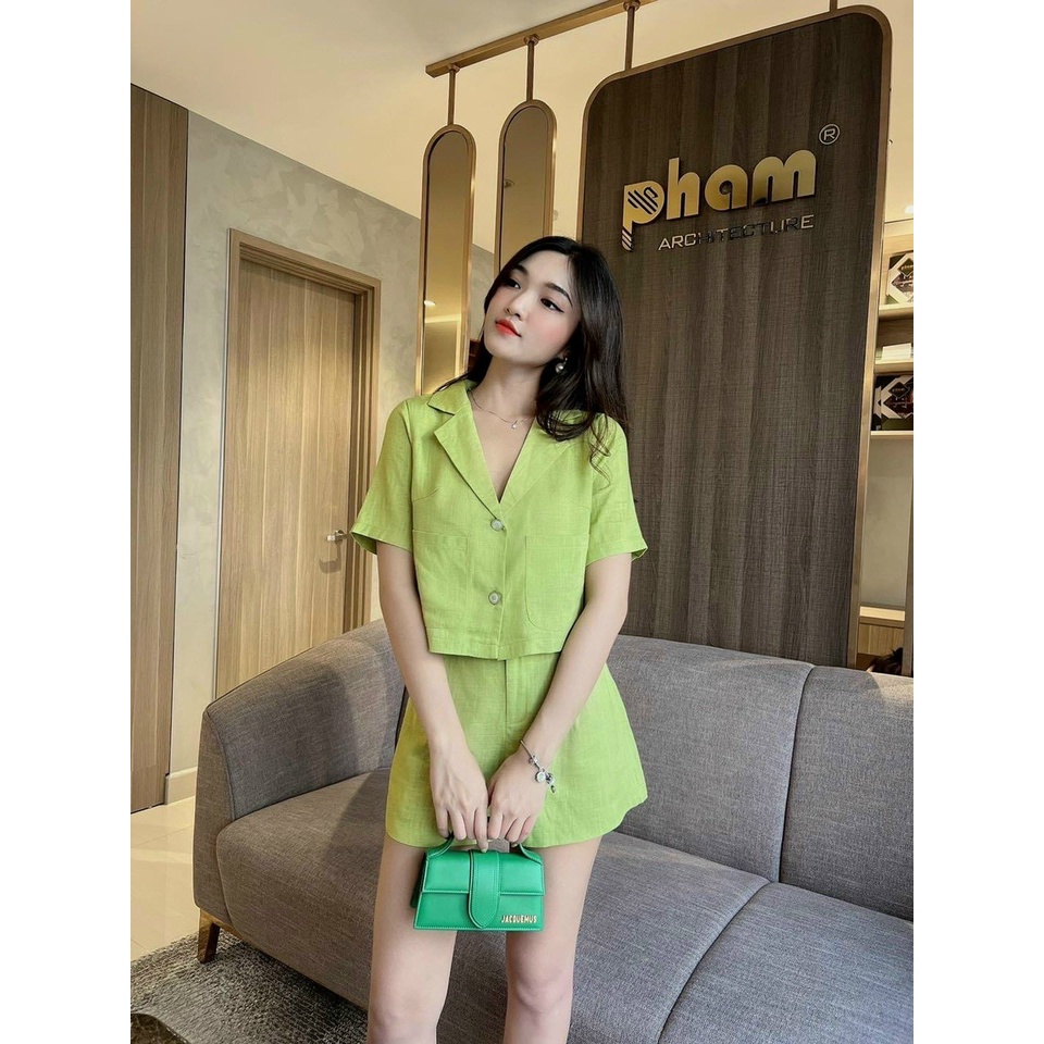 Sét bộ tuyết mưa áo vest croptop phối quần đùi ống rộng màu sắc (Cam, Vàng, Xanh, Tím) xinh xắn đi chơi, đi biển