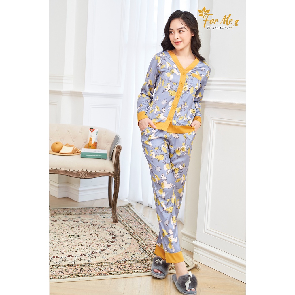 Bộ đồ ngủ, mặc nhà chất Lụa Giấy Luxury Dài Tay Bộ Hoa cổ tim 04 ,forme pijama