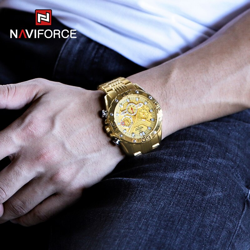 Naviforce NF8019 Vòng đeo tay bằng thép Kim loại cổ điển Chronograph Nam Doanh nhân Đồng hồ thạch anh màu vàng không thấm nước