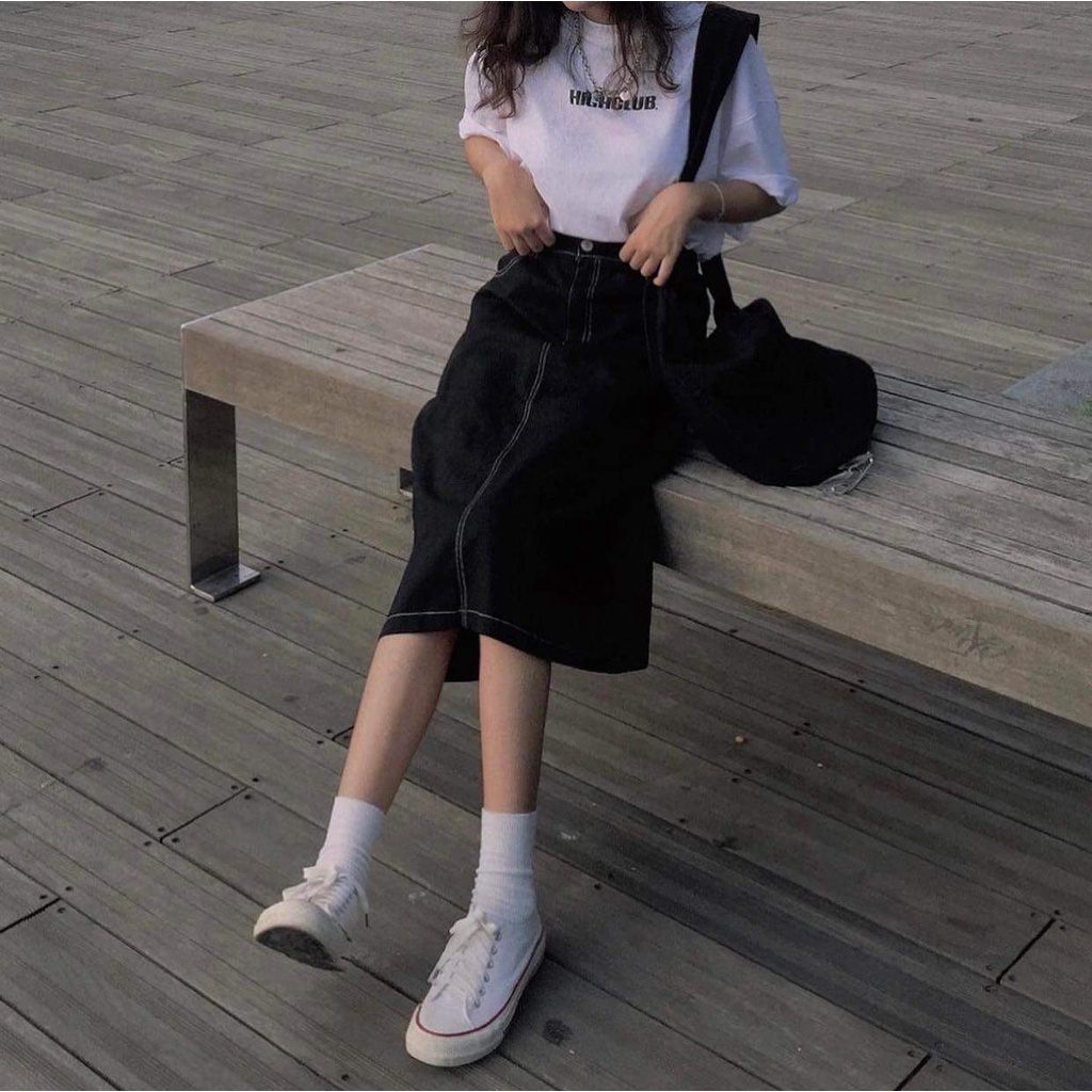 Chân Váy Jean Chỉ Nổi Nữ [FREESHIP]  Đầm mini dáng suông, jeans bò cạp cao xẻ sau lưng đẹp cá tính Ulzzang