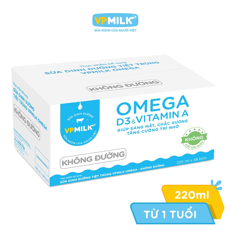 [CHỈ GIAO 2 GIỜ TẠI TP. Hồ Chí Minh] Sữa dinh dưỡng tiệt trùng VPMilk Omega bịch 220ml (thùng 48 bịch)