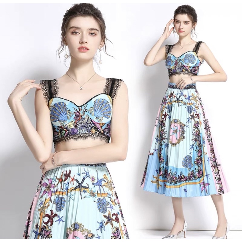 #1085   Set áo croptop + chân váy họa tiết bắt mắt 5 mà đủ size