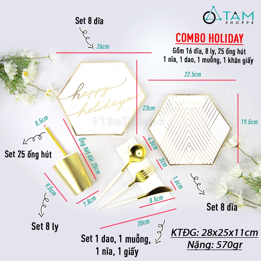 Set đồ giấy chữ Happy Holidays ép kim vàng trang trí tiệc SETDG-03