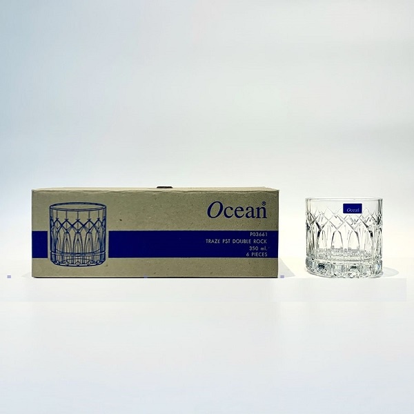 Bộ 6 cốc thủy tinh cao cấp Ocean, ly cốc Double Rock uống whisky 350ml hoa văn kim cương sang trọng - P03661