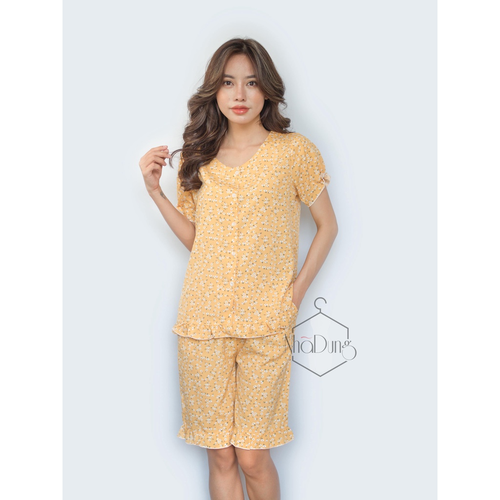 &lt;A20&gt; Đồ bộ nữ mặc nhà lửng vải lụa hoa nhí cổ tròn cách điệu nút dễ thương NhaDungStore02 từ 40-65kg