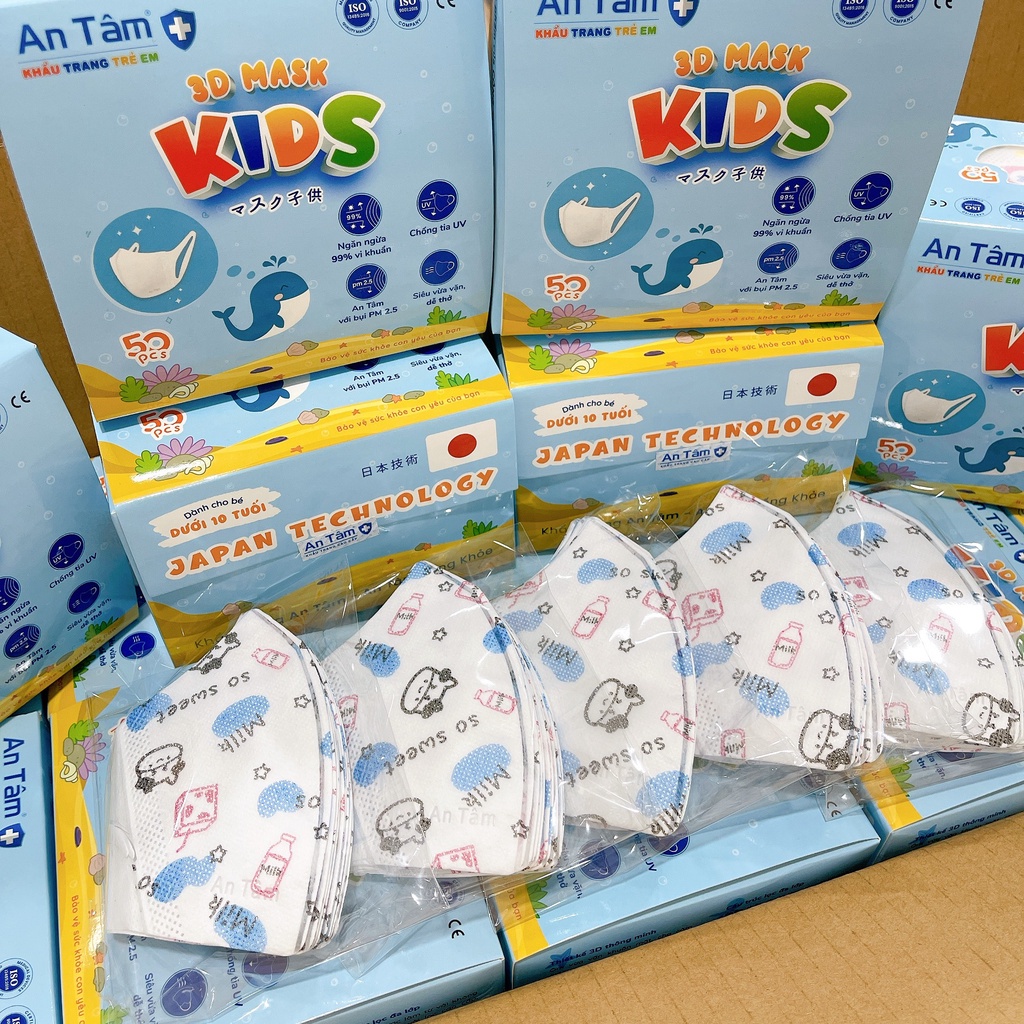 Khẩu trang y tế 3D Nhật Bản cho bé kháng khuẩn, chống tia UV - Chính Hãng AN TÂM - Hộp 50 cái