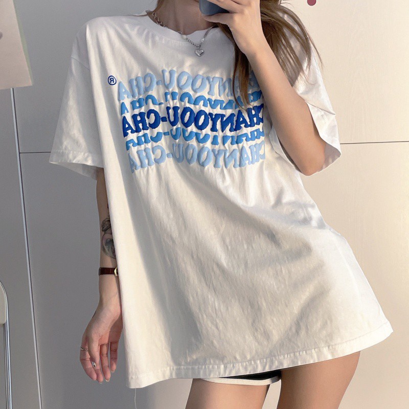 Áo thun tay ngắn cổ tròn dáng rộng in chữ thời trang dễ phối đồ