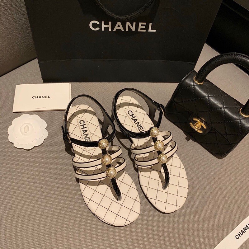 Dép xỏ ngón dây quai đính ngọc đế lót lớp da êm chân 𝘾𝙝𝙖𝙣𝙚𝙡 CN 𝘾𝙝𝙖𝙣𝙚𝙡