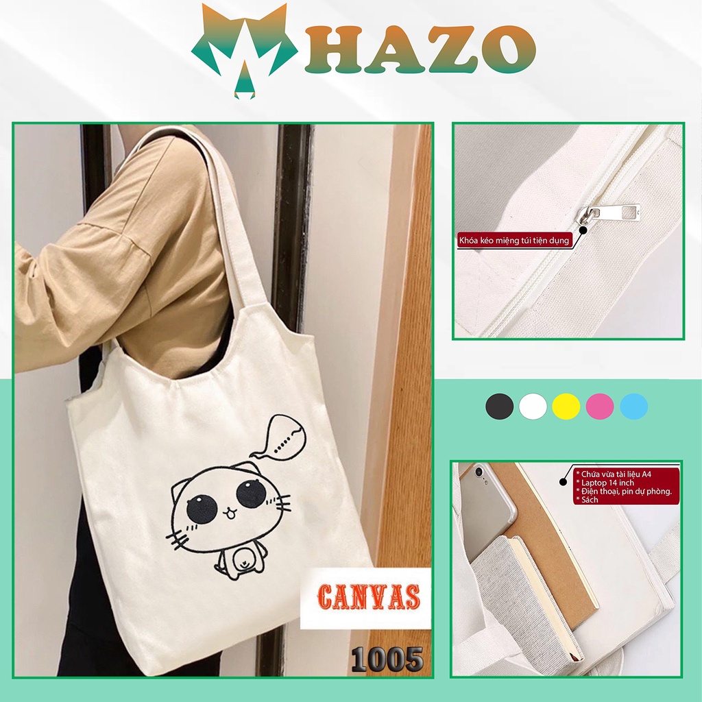 TÚI TOTE TRẮNG CHẤT VẢI CANVAS 1005 466 CHÚ MÈO SUY TƯ HÀNG CHUẨN ĐẸP