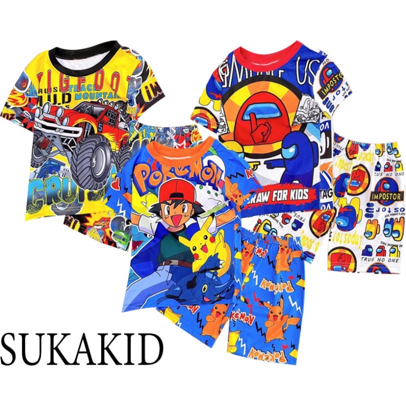 Đồ bé trai in chuyển nhiệt 3D chất liệu thoáng co giãn 4 chiếc xe,Among.pikachu cho bé từ 6kg đến 40kg.TN02.