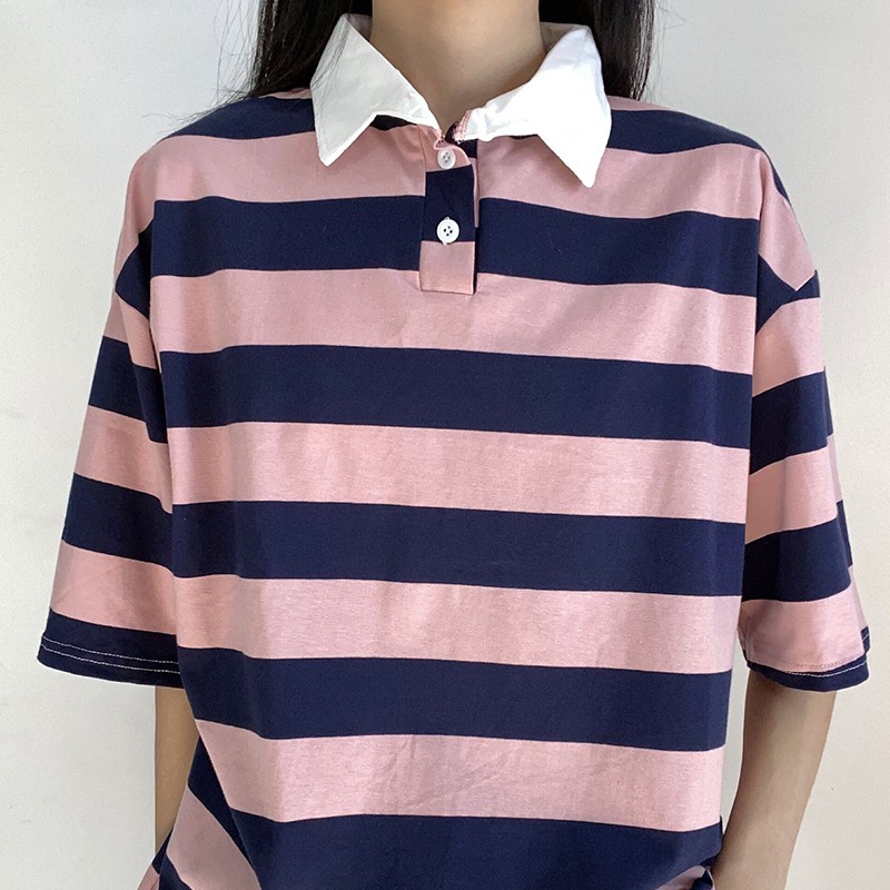 Striped lapel polo shirt Japanese ins cotton short-sleeved T-shirt women loose Korean style versatile bf lazy style top