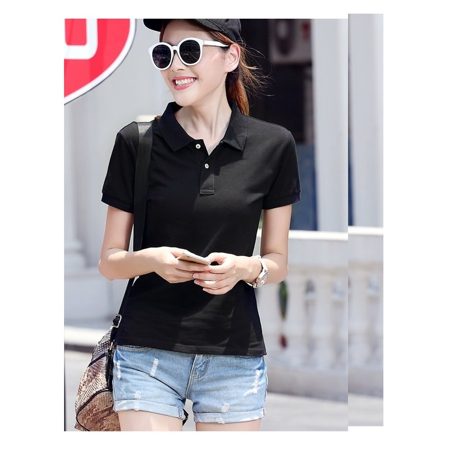 ÁO THUN PO LO MÀU ĐEN NAM / NỮ CỘC TAY CỔ BẺ 8YYU1