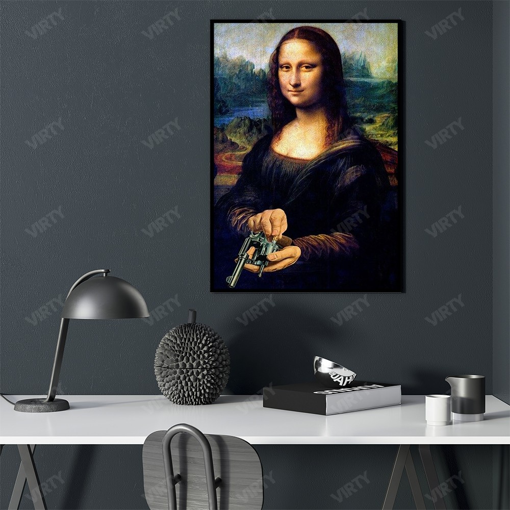 [Bùng Nổ] Tranh canvas decor Mona Lisa Shooting Funny Art