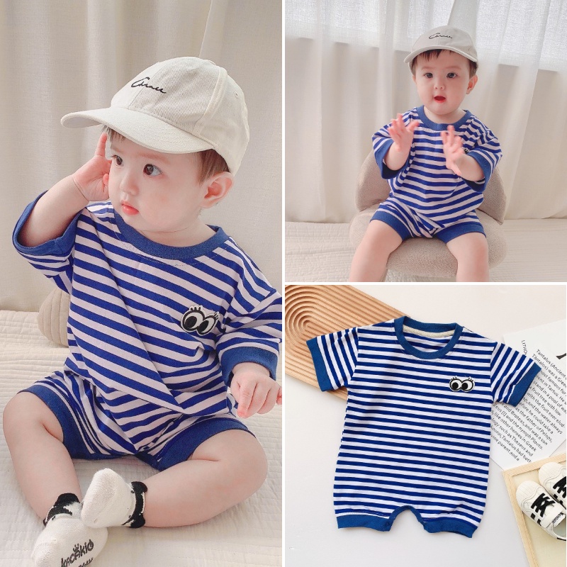 Áo Liền Quần Tay Ngắn Họa Tiết Sọc Chất Liệu Cotton Dành Cho Bé Trai Và Bé Gái 0-24 Tháng Tuổi