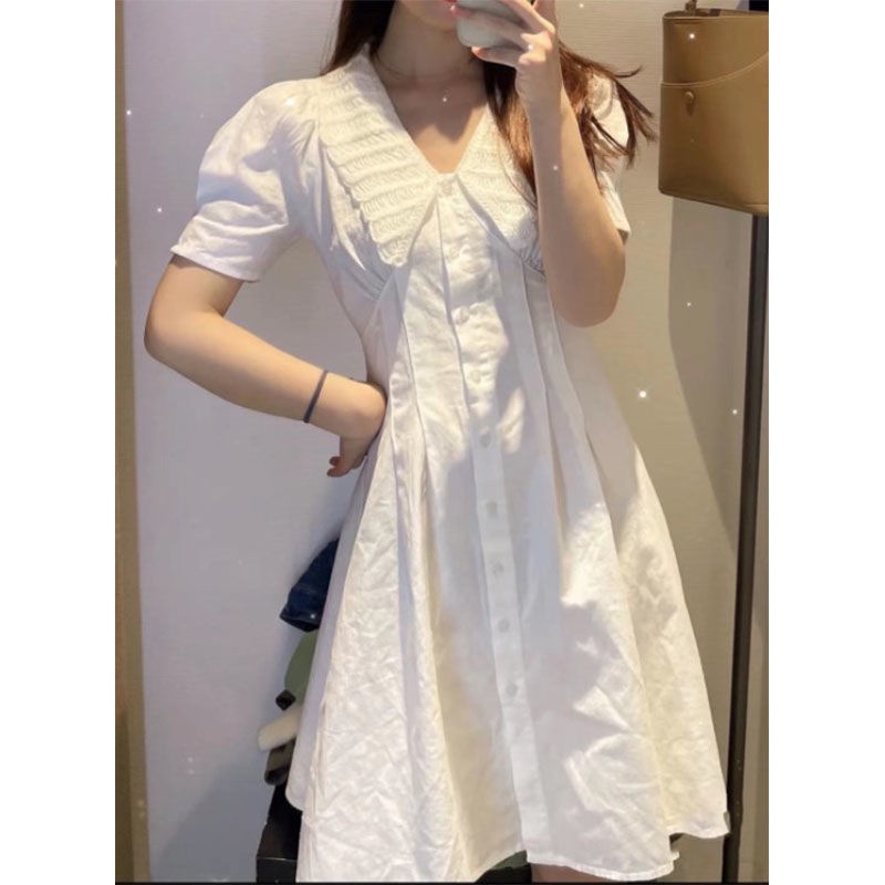 Đầm Trắng Cổ Chữ V Tay Phồng Thời Trang Xuân Hè Kiểu Pháp Mới Cho Nữ