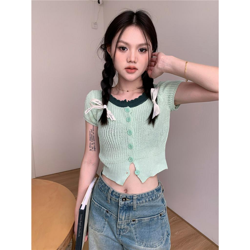Áo Cardigan Dệt Kim Ngắn Tay Thiết Kế Màu Sắc Tương Phản 61824