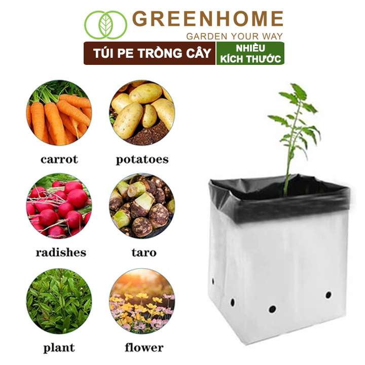 Túi PE trồng cây Greenhome, nhiều kích thước, 2 lớp, chống UV tiện lợi, độ bền 1,5 năm, trồng rau, hoa, dâu tây