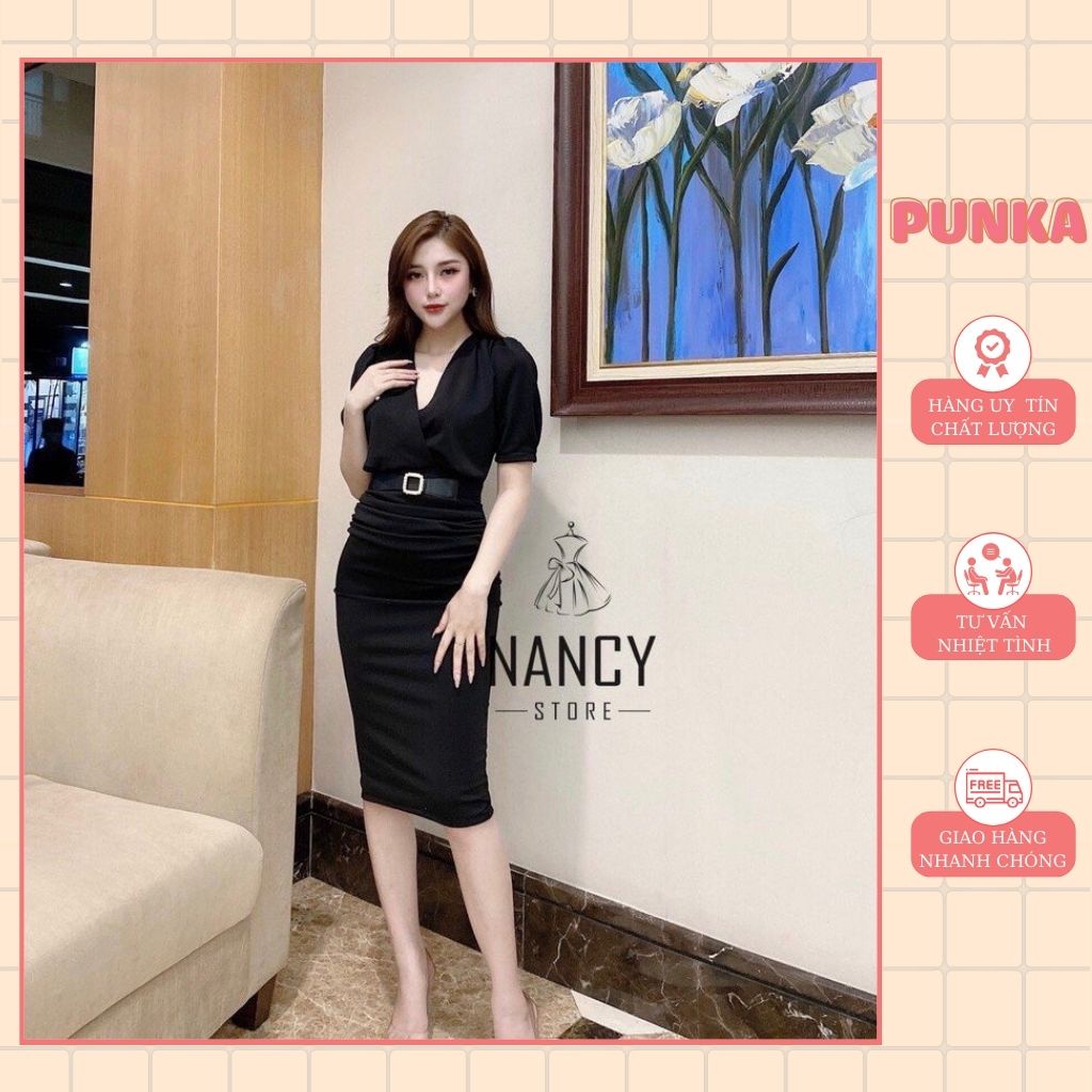 Đầm body đai đính eo cổ chéo, tay ngắn dáng dài cao cấp dự tiệc