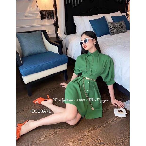 Đầm Sơ Mi Nữ Dáng Xòe Tay Bồng Xếp Ly Eo Vải Thô Mát Thời Trang Đi Tiệc Công Sở Thanh Lịch Bebedoll