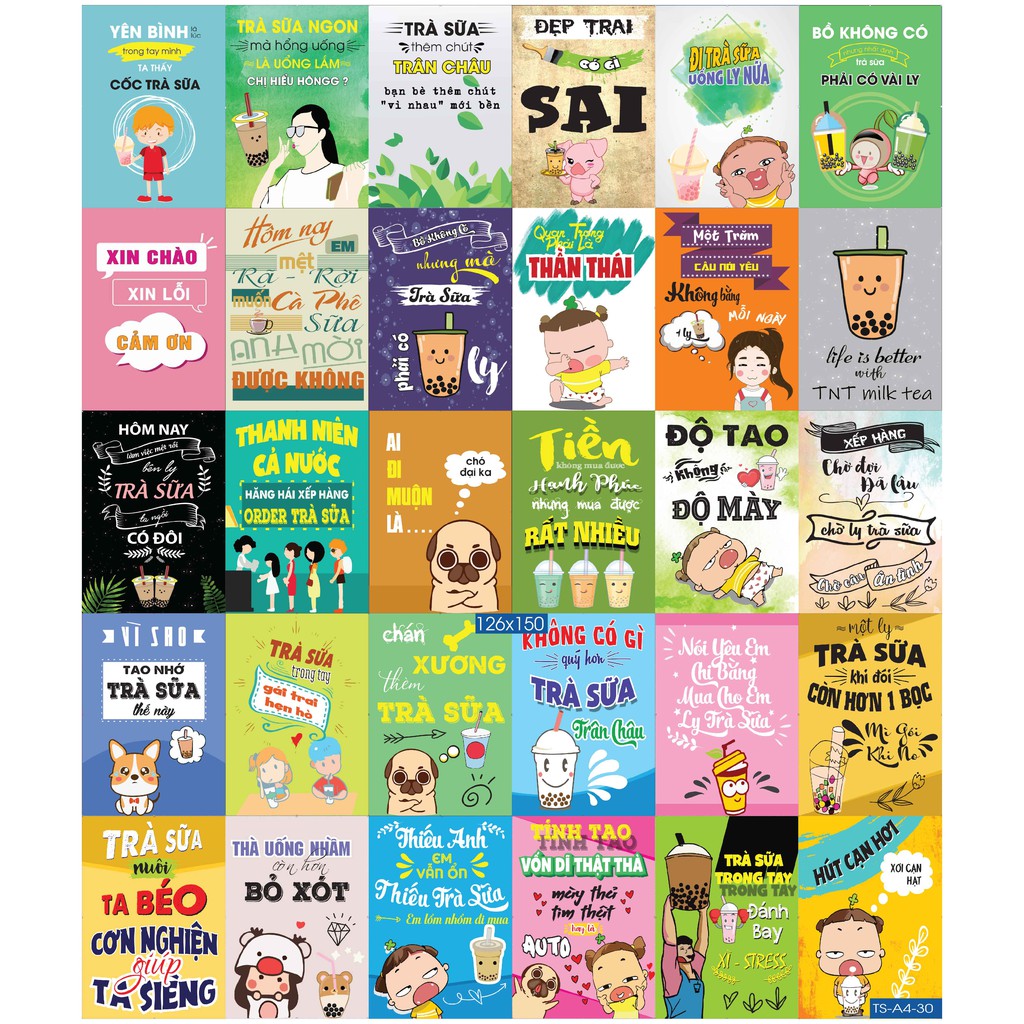Combo 50 tờ Decal dán tường trang trí khổ A4,A5 - Trà sữa