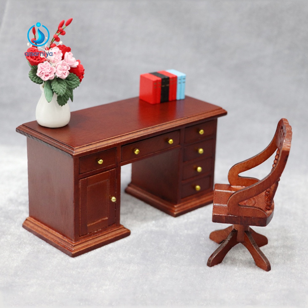 Set 2 Mô Hình Máy Tính Bàn Bằng Gỗ Tỉ Lệ 1/12 Trang Trí Nhà Búp Bê