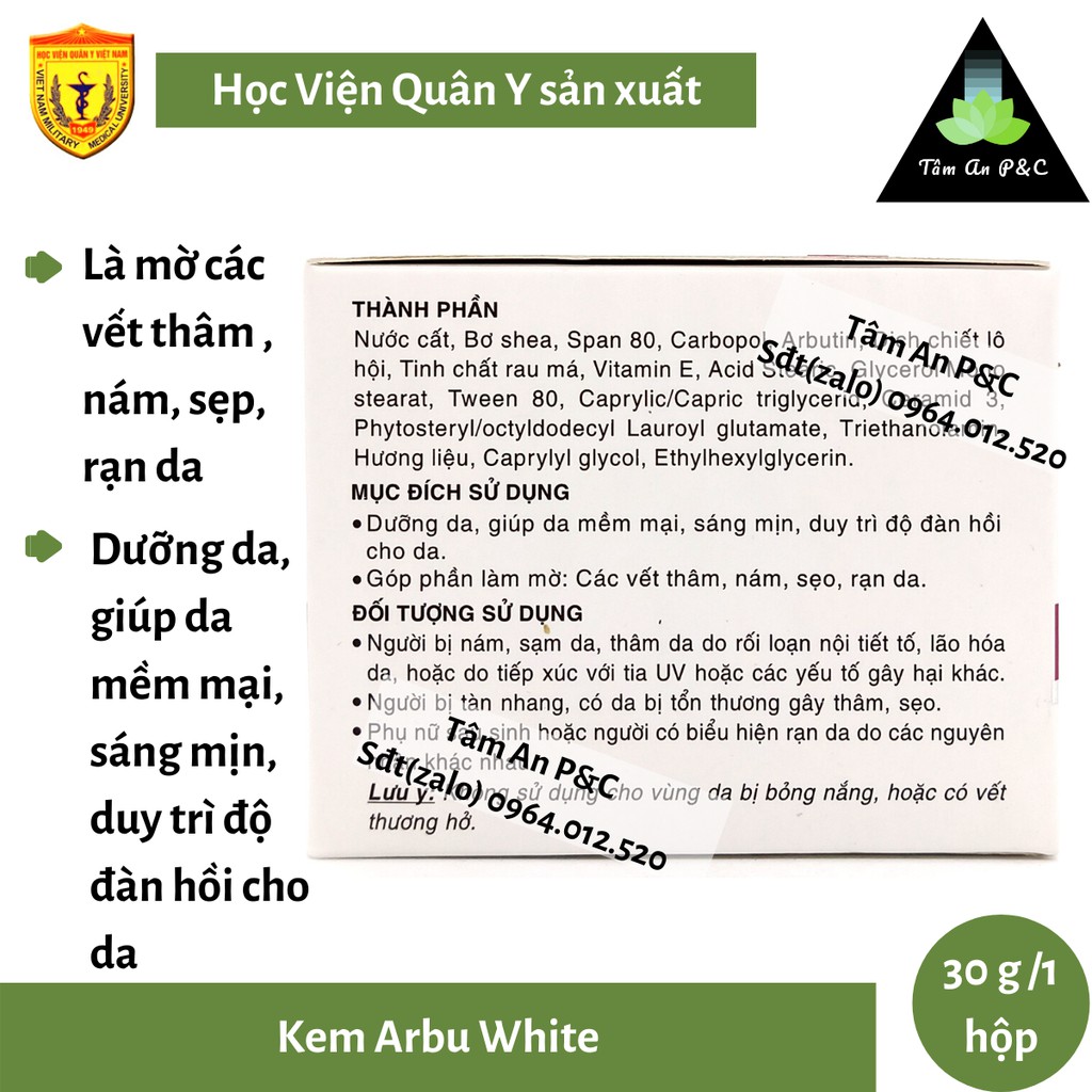 Kem Arbu White Học Viện Quân Y (hộp 30g)- Dưỡng da, mờ thâm, mờ nám, mờ rạn da- CHÍNH HÃNG HVQY