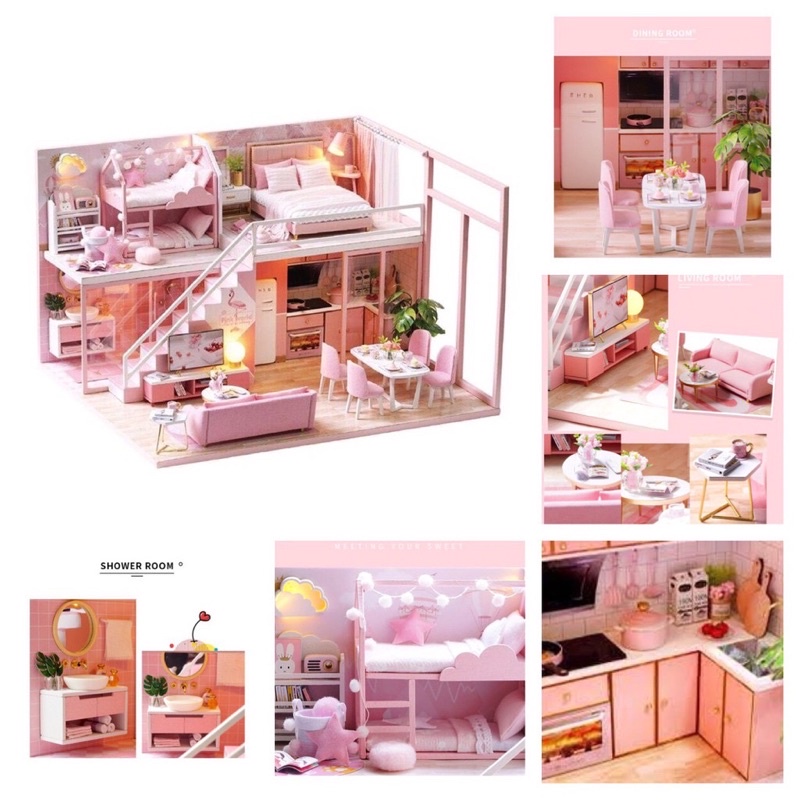 Mô hình gỗ nhà búp bê tự lắp ráp căn phòng màu hồng bé gái(tặng mica,keo,đèn) L027