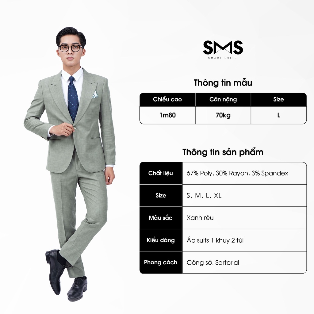 Vest nam xanh rêu, suits sartorial,1 khuy 2 túi, chuẩn form Smart Suits