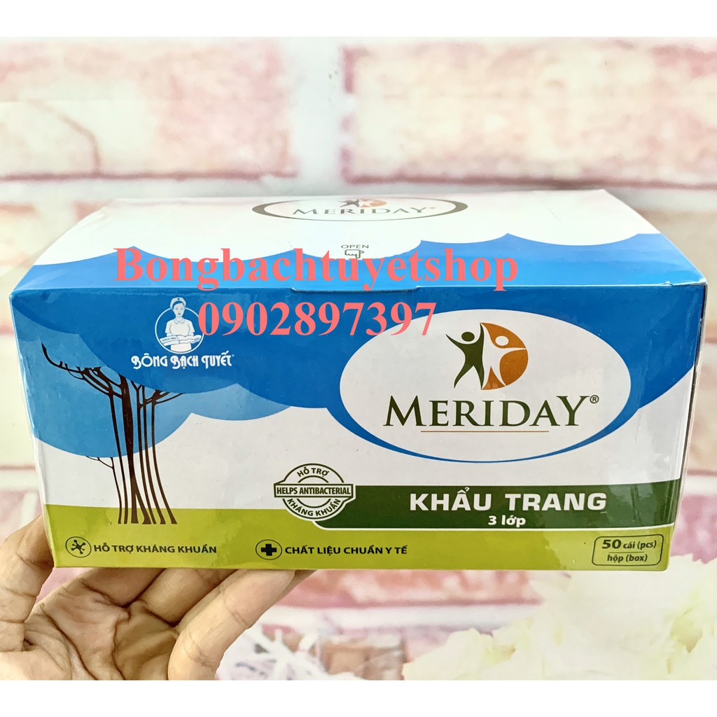 Khẩu trang y tế Meriday Xanh 3 lớp (50 cái/hộp) hỗ trợ kháng khuẩn - Chính hãng Bông Bạch Tuyết