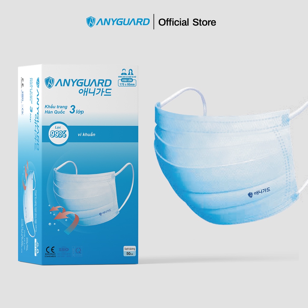 Khẩu Trang ANYGUARD Hàn Quốc 3 Lớp Chính Hãng - Lọc 99% Vi Khuẩn - Hộp 50 Chiếc Dành Cho Người Lớn