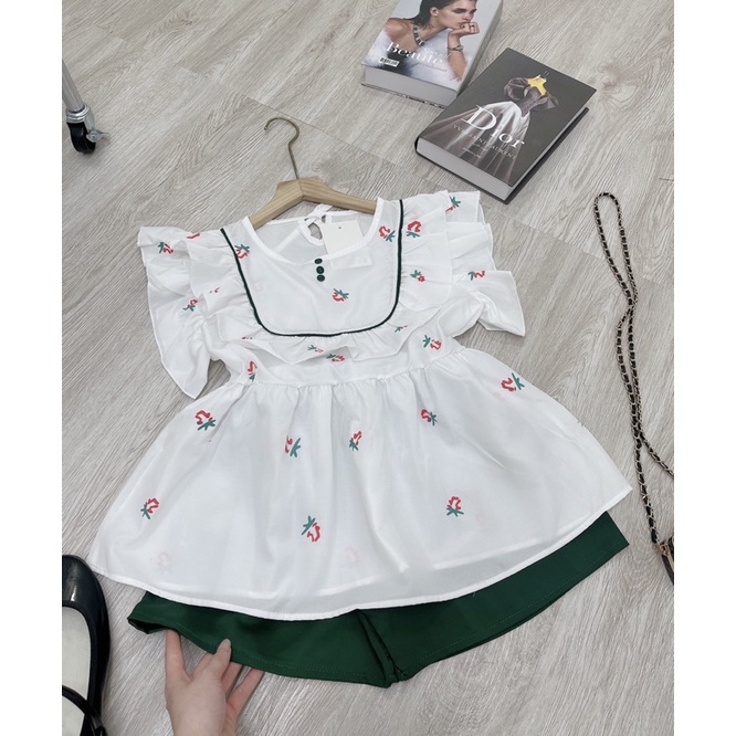 Set Áo Bèo Cánh Tiên Hoạ Tiết Hoa Chìm Phối Sooc Xanh