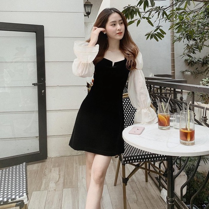 Đầm dạo phố chất nhung tay dài phối voan cute - Syne Dress