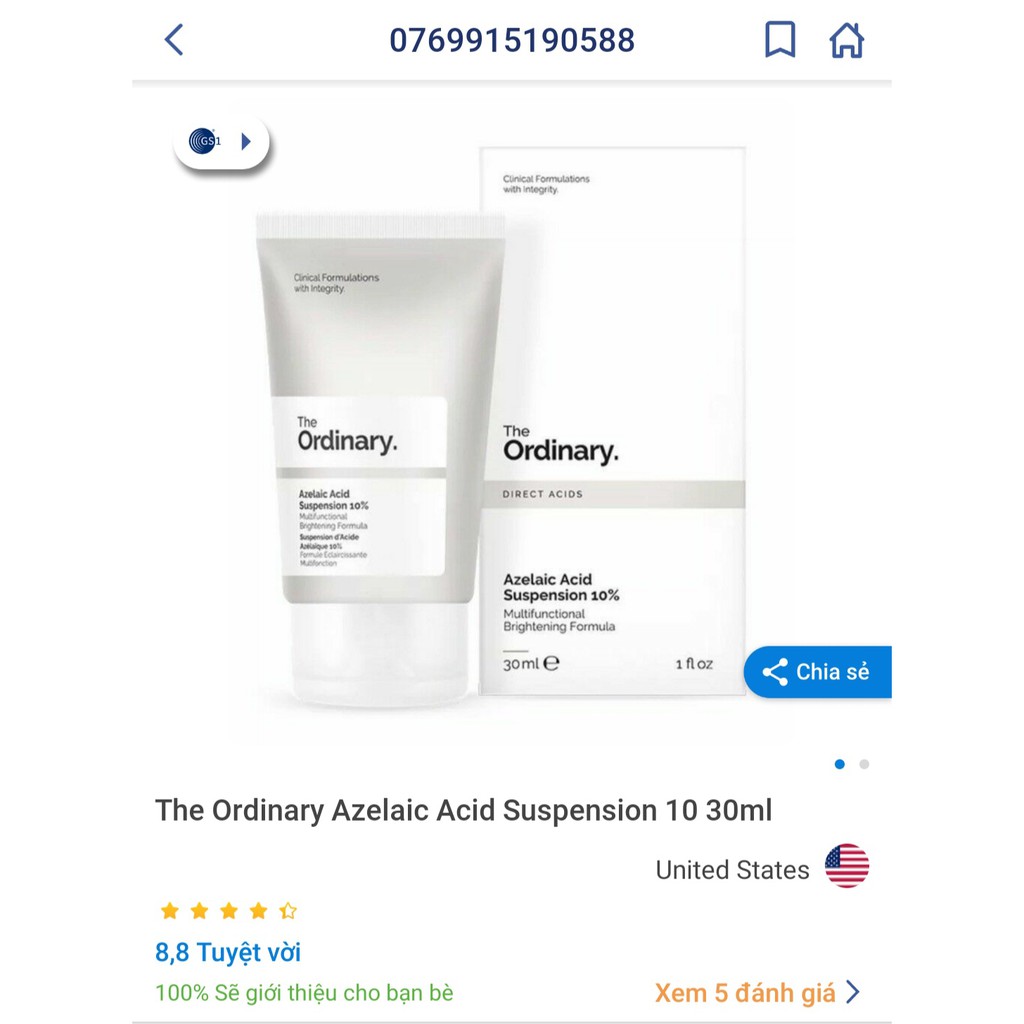 Kem dưỡng sáng da, mờ thâm The Ordinary Azelaic Acid Suspension 10% 30ml