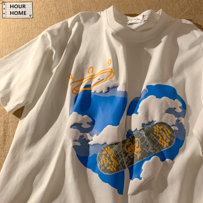 ☃HOME☃ Women  T-shirt Cotton Three-dimensional Foam Blue Sky White Cloud Print Short-sleeved Shirt