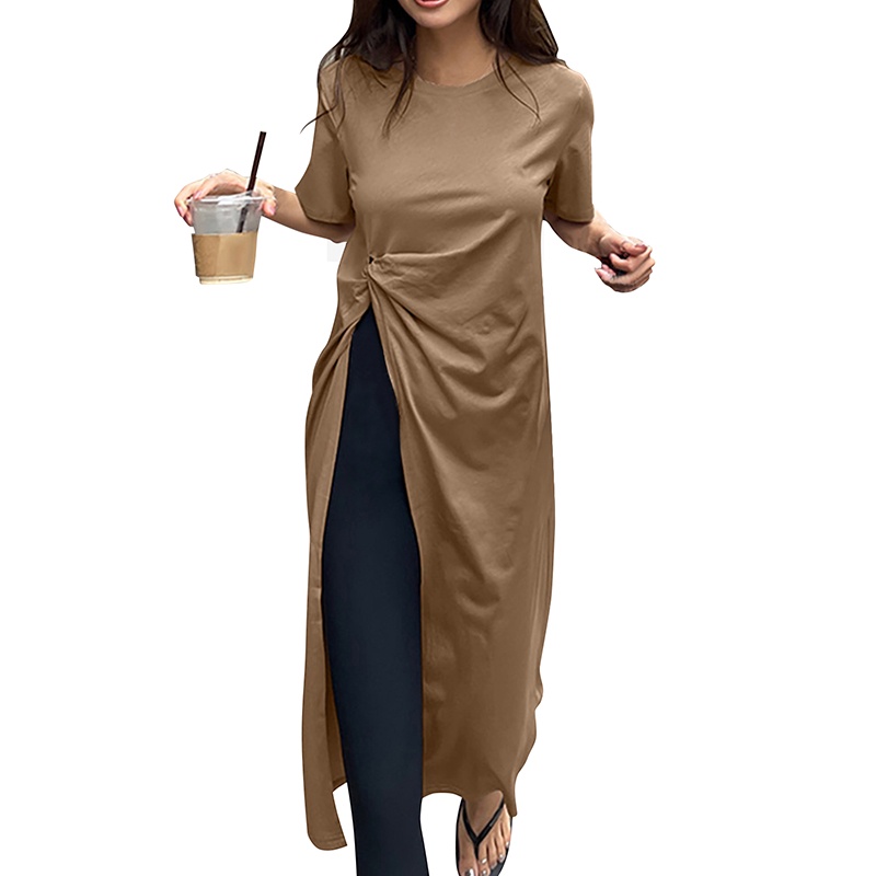 Áo thun dài ZANZEA thiết kế tay ngắn cổ tròn trơn màu dành cho nữ