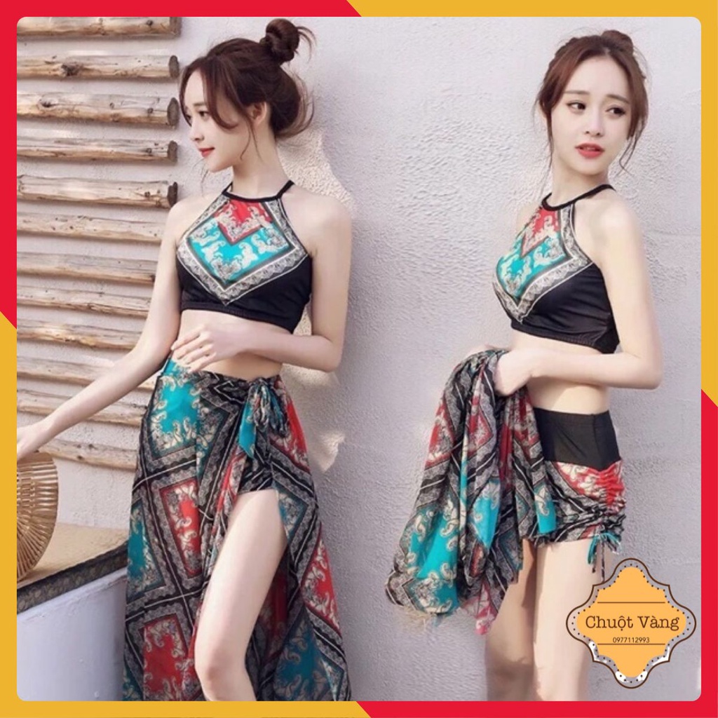 Bộ bơi áo tắm 3 chi tiết hoạ tiết thổ cẩm