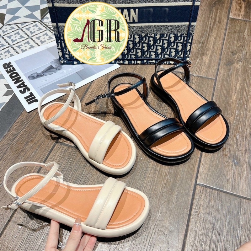 Sandal quai ngang phồng viền lót nâu cao 2cm
