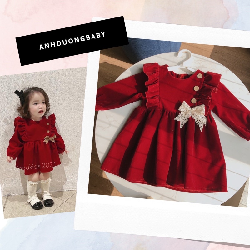 HÀNG THIẾT KẾ 💗  váy nhung đỏ diện tết và noel cho bé gái 💗 ảnh thật bé nhà shop mặc