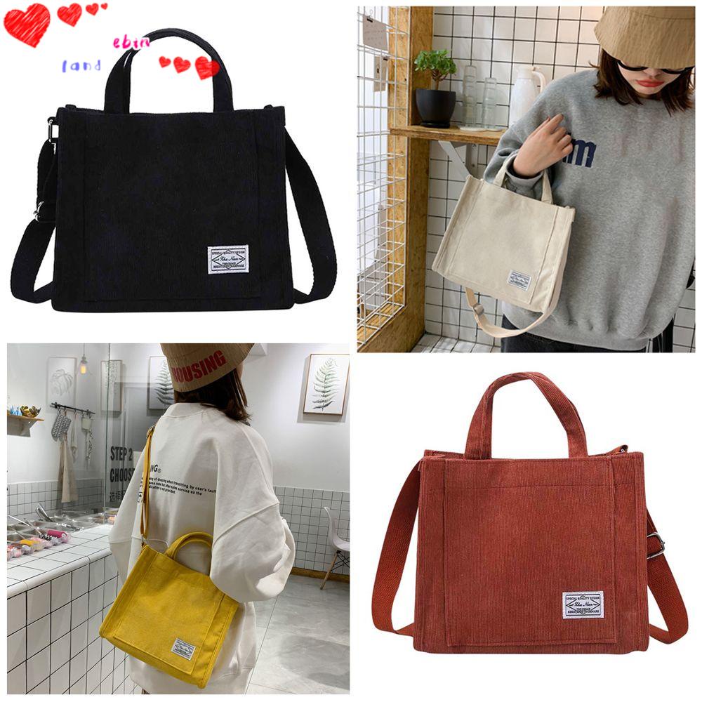 Túi tote đeo chéo vải cotton canvas nhung kẻ có khóa kéo phong cách vintage cho nữ