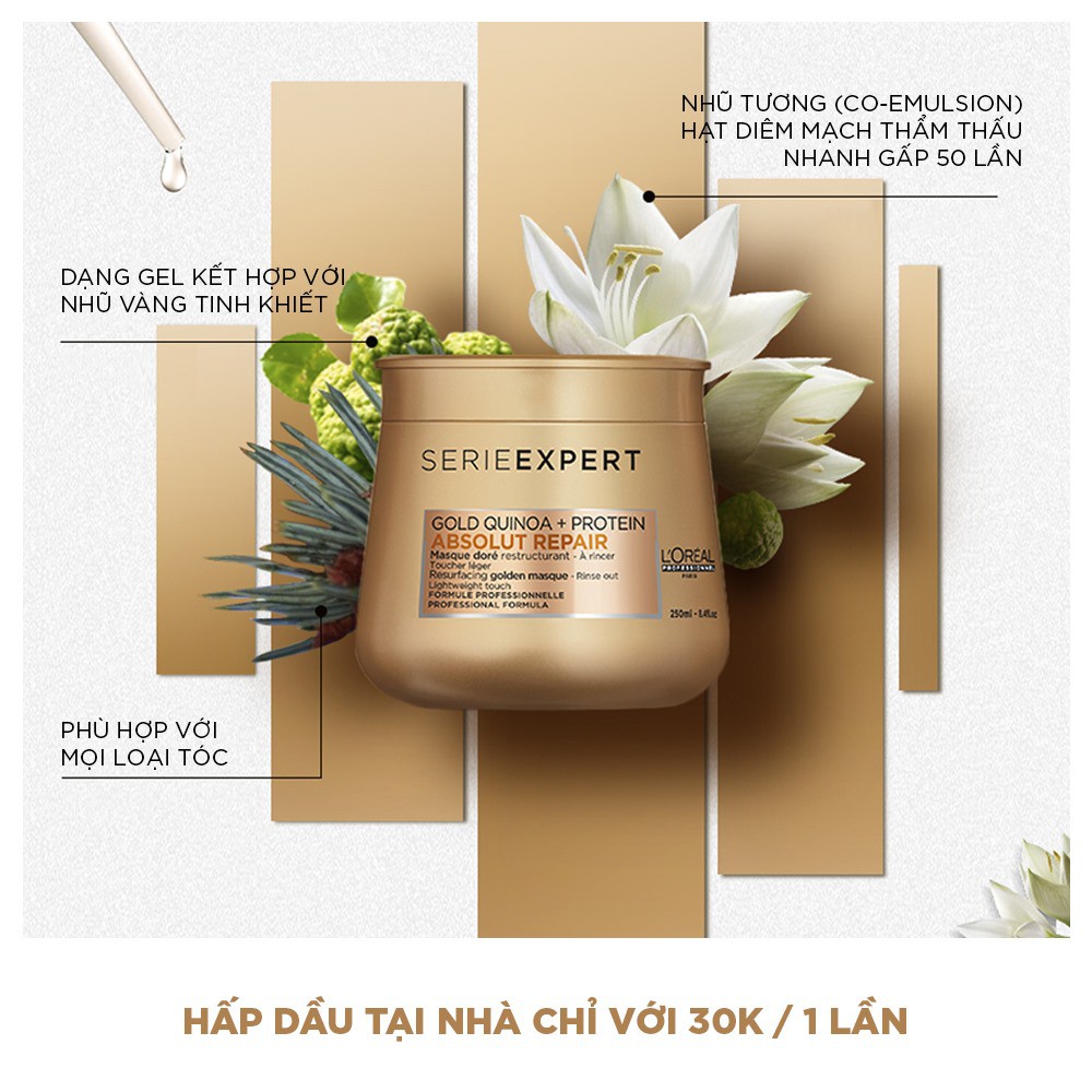 Hấp dầu (kem ủ tóc) Loreal Gold Quinoa + Protein Absolut Repair 500ml phục hồi tóc hư tổn, khô xơ