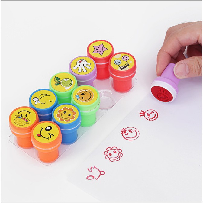 [SB Shop] Bộ 10 con dấu lời khen thưởng hình mặt cười, lời khen Tiếng Anh bằng nhựa mộc sáp đóng dấu stamp khích lệ bé