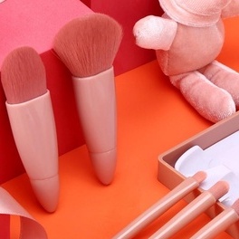 Bộ cọ trang điểm cá nhân 5 món kèm hộp có gương màu hồng siêu xinh