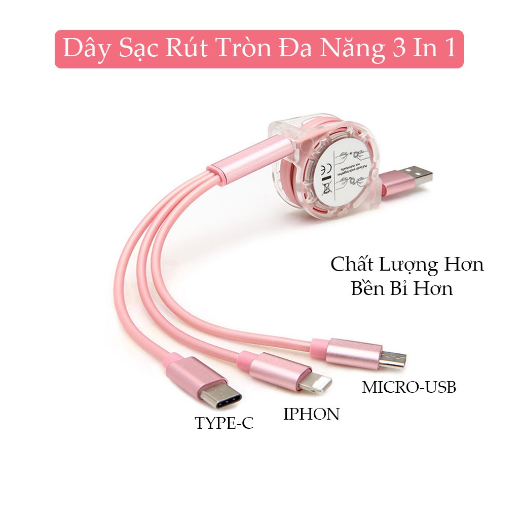 Dây Sạc Rút Tròn Đa Năng - 3 Trong 1 Sạc Iphon - Sạc TypeC - Sạc Micro USB